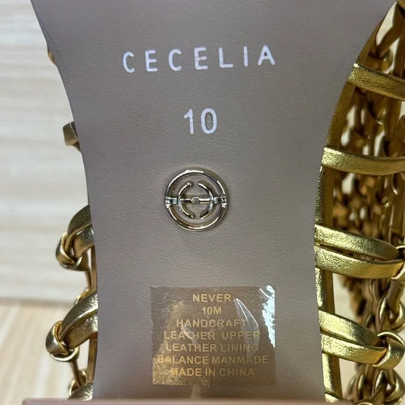 CECELIA Gold Woven Leather Block Heel Sandals 10 Statement Luxe - Picture 2 of 7